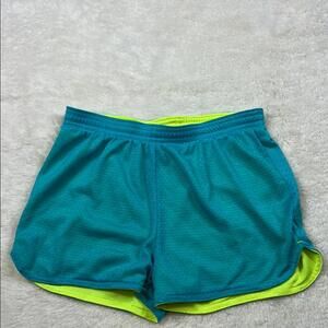 Xersion Girls Athletic Running Shorts Size Large 10/12 Teal Neon Yellow Lined